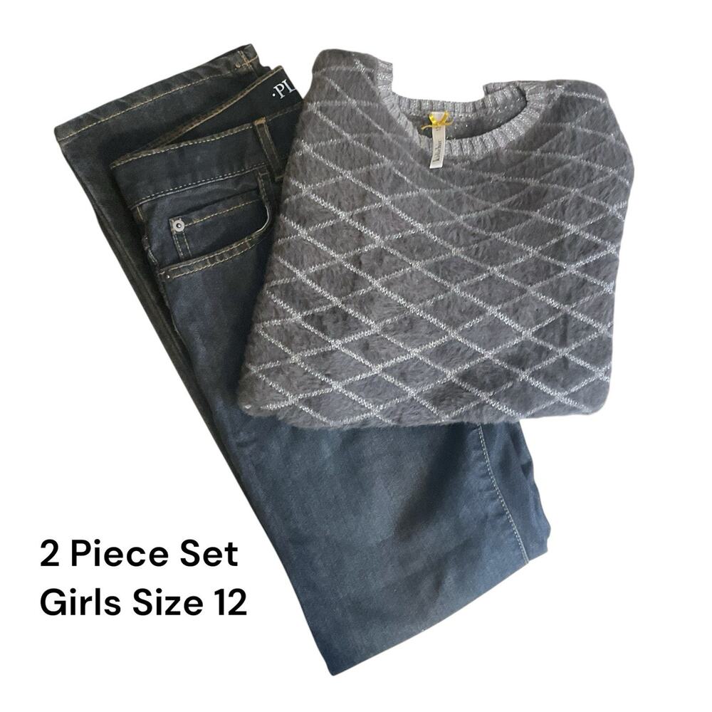 KID CHIC Girls Gray Silver Sweater SZ 12 Children's Place‎ Blue Jeans SZ 12 Set